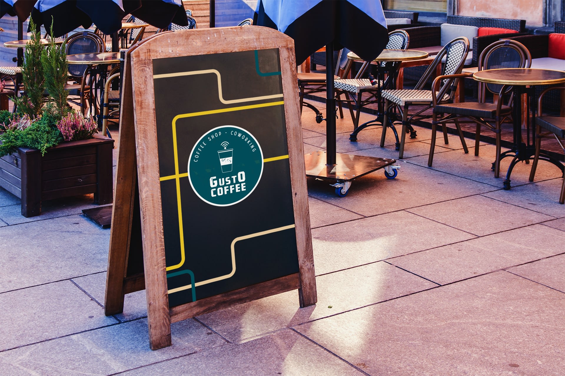 mock-up du logo gusto coffee sur un panneau